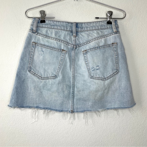 We The Free A-line Distressed Denim Blue Button Fly Mini Skirt - Picture 9 of 12
